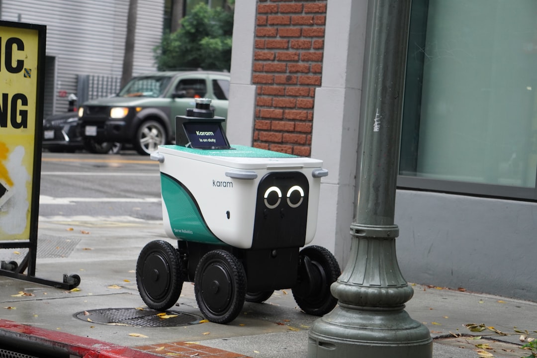 Autonomous delivery robots travel a city sidewalk, delivering food to a neighborhood.