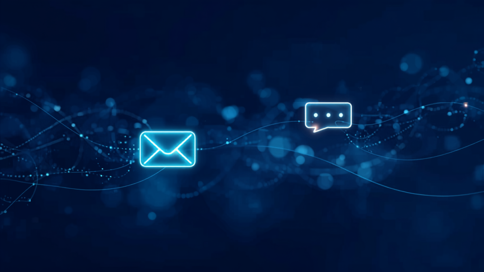Abstract glowing illustration of a message icon and chat bubble connected by flowing light trails, representing getting in touch