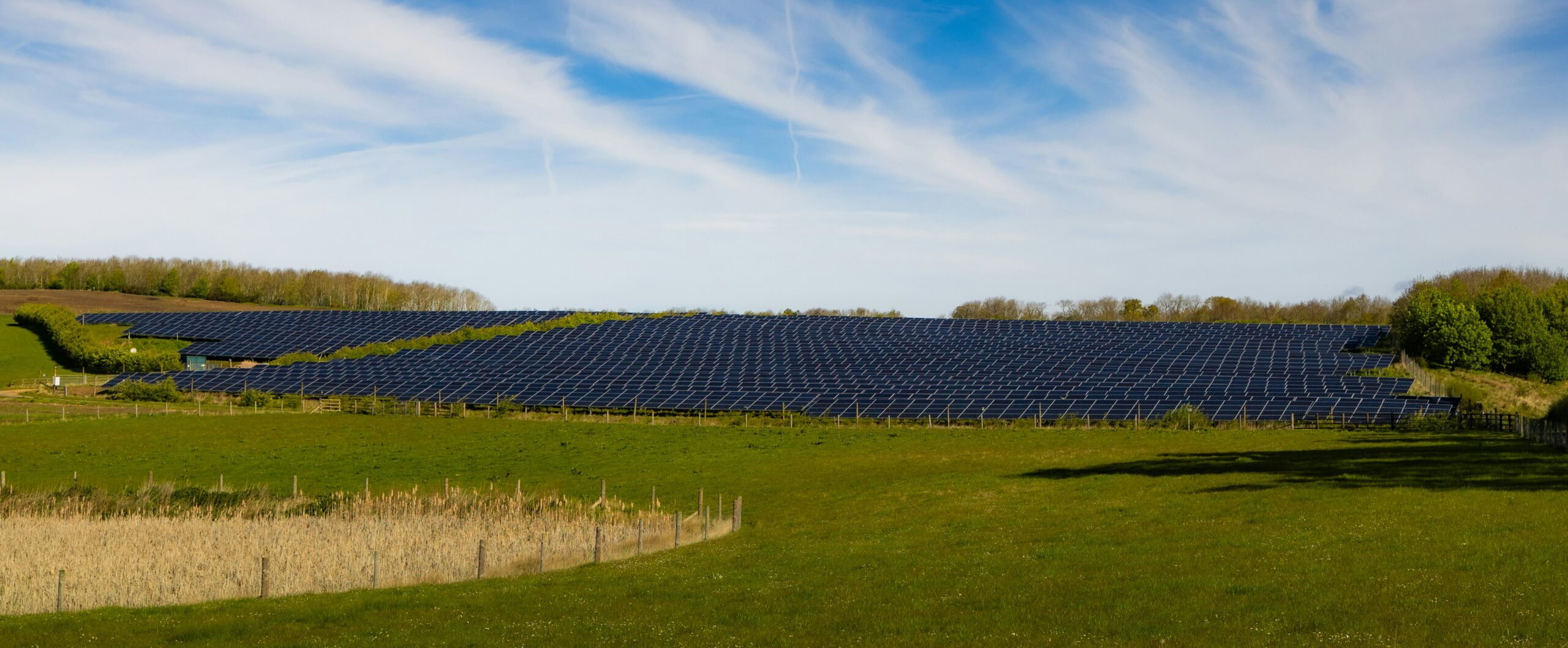 Solar panels spread across a green field, the type of clean energy Longpasture Solar Farm will generate in County Durham