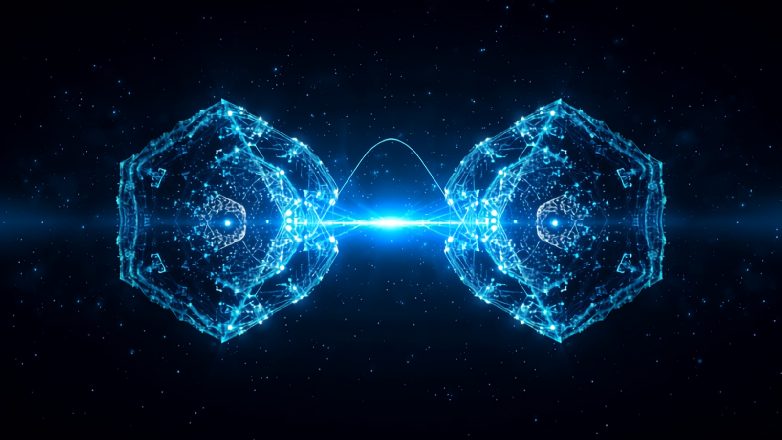 Abstract illustration of two glowing cryogenic quantum modules linked by a luminous blue interconnect in a dark lab.