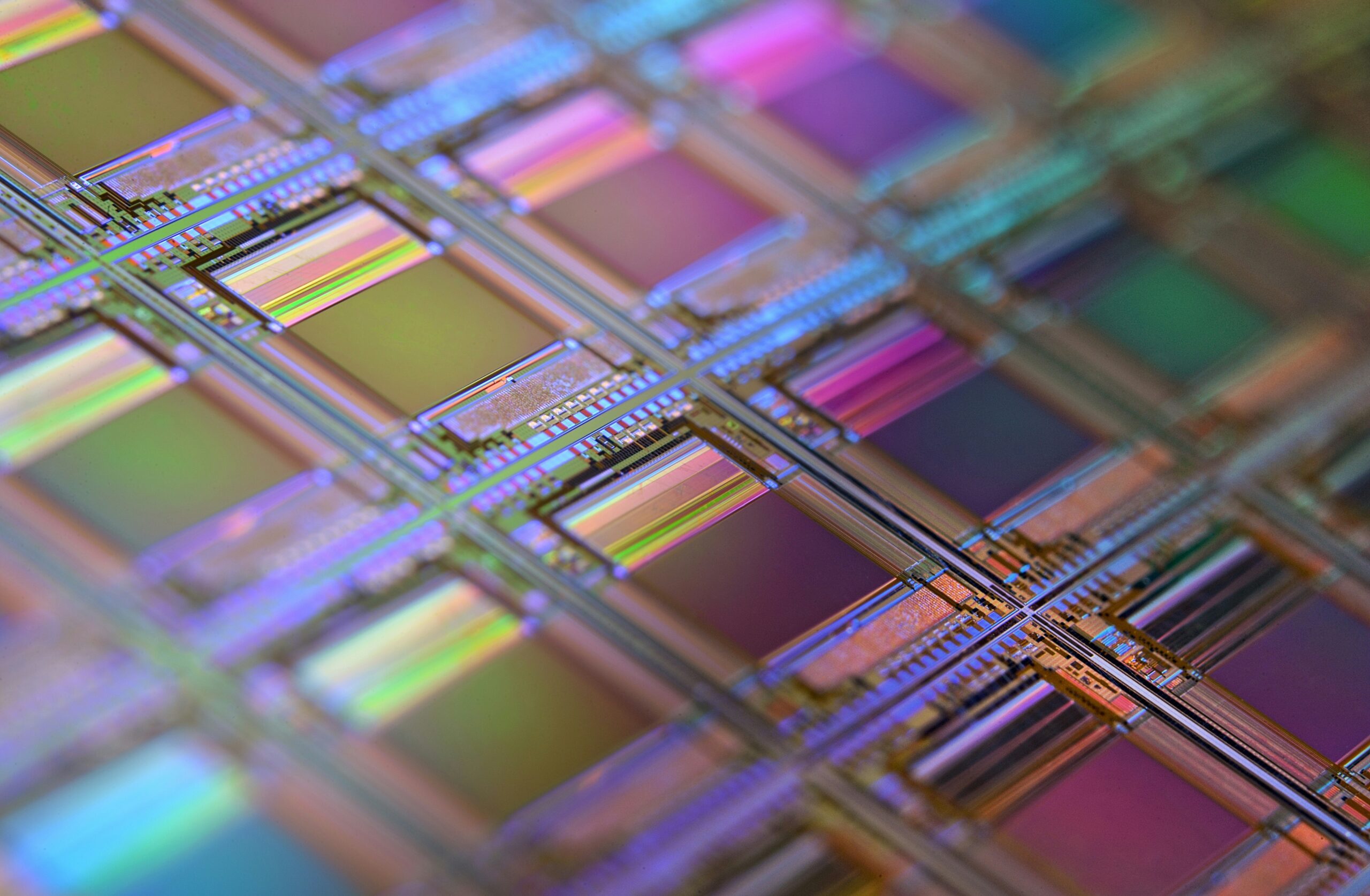 Macro shot of a silicon wafer chip, symbolizing the photolithography scaling behind superconducting nanowire detectors