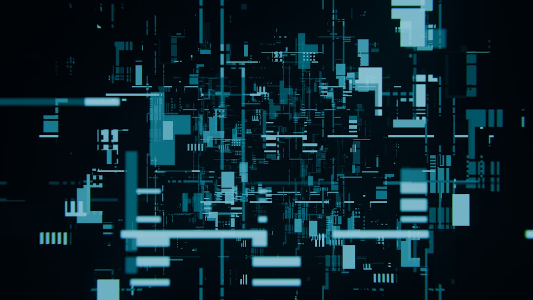 Abstract grid of blue and black digital blocks representing catastrophe bond tokenization on a blockchain ledger