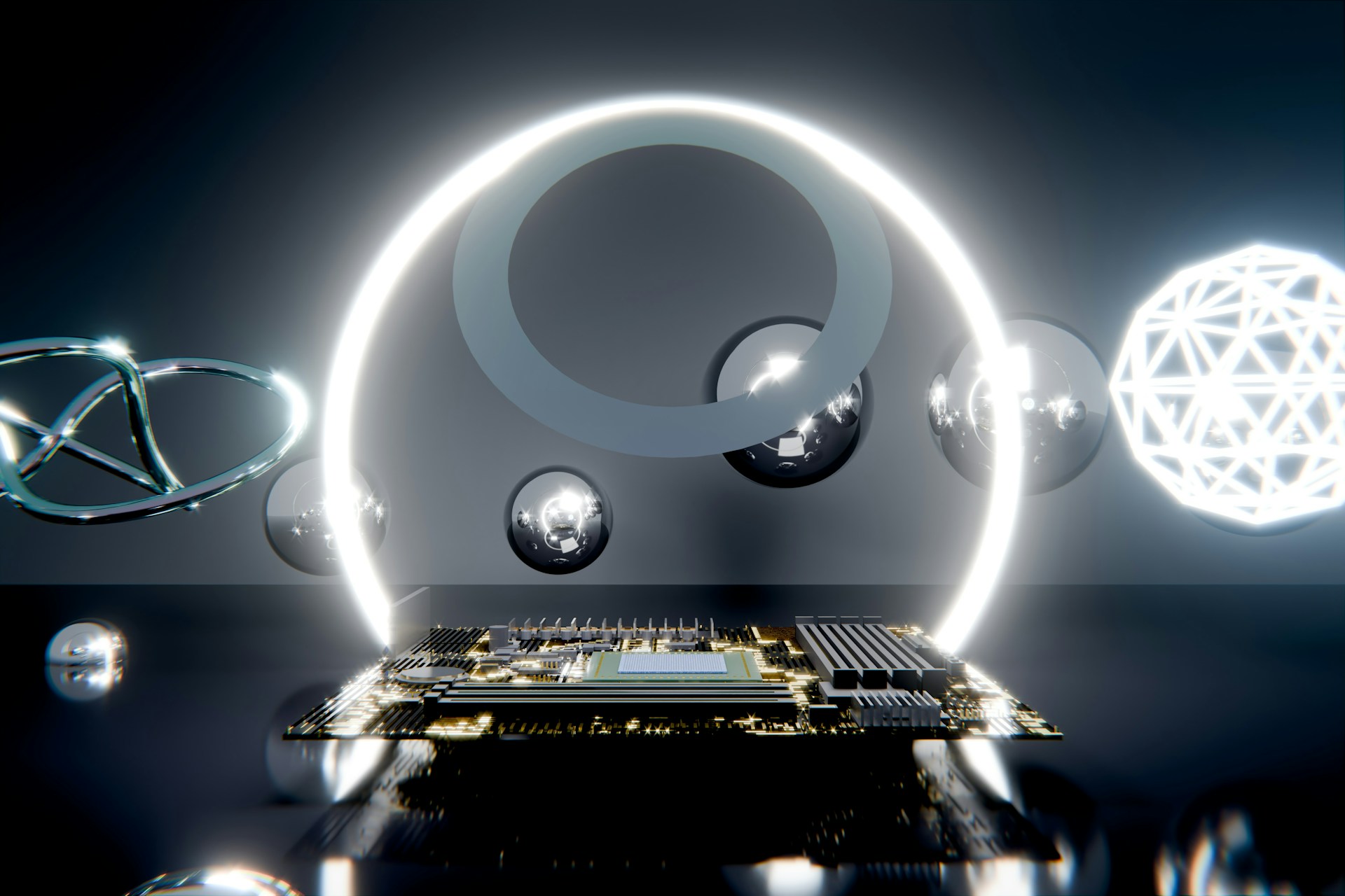 Abstract glowing rings and spheres symbolizing the Quantinuum Helix error correction architecture on trapped-ion qubits