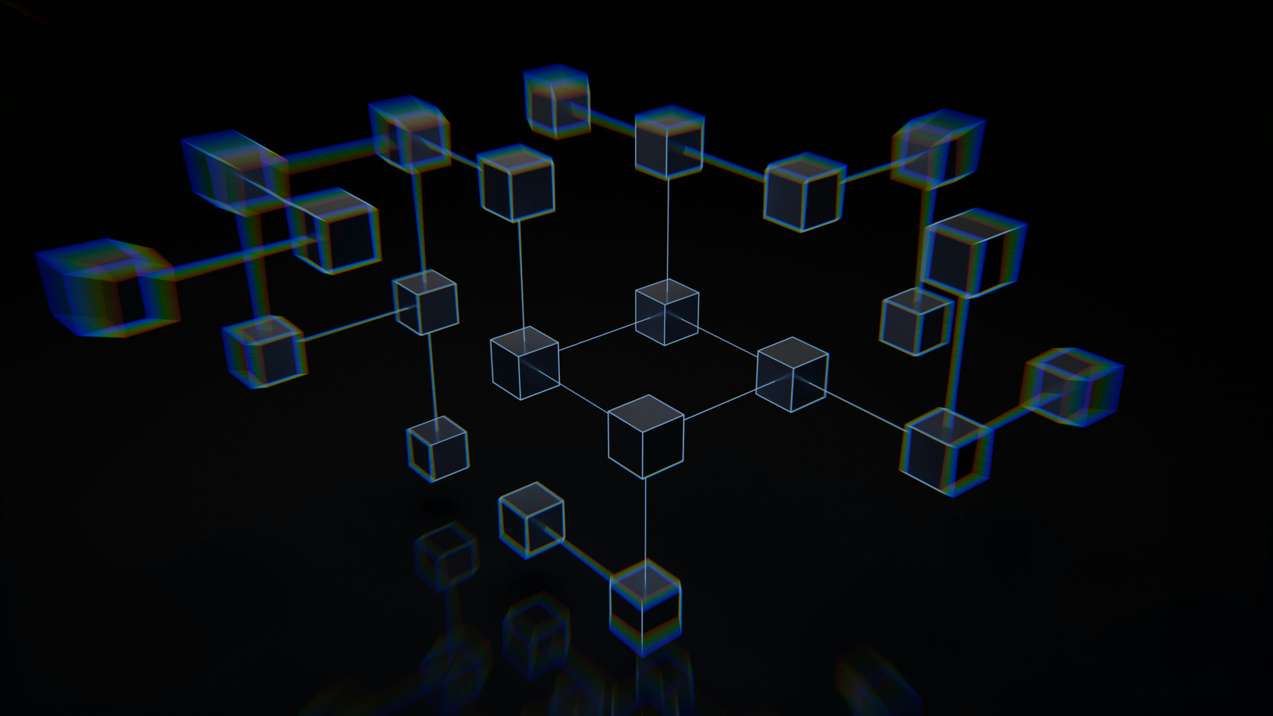 Abstract 3D render of glowing connected blocks representing tokenized bond settlement on a distributed ledger