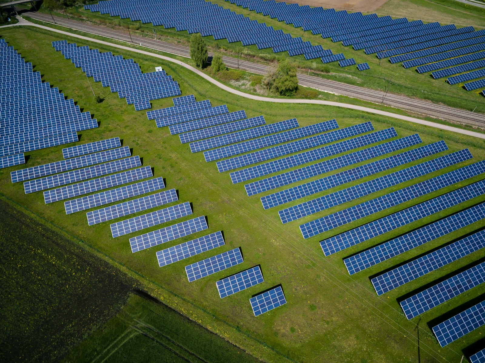 Aerial view of rows of blue solar panels in a grass field, similar to a community solar farm