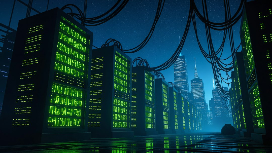 Glowing data center lights above a city skyline, symbolizing Wisconsin cybersecurity grants protecting town systems