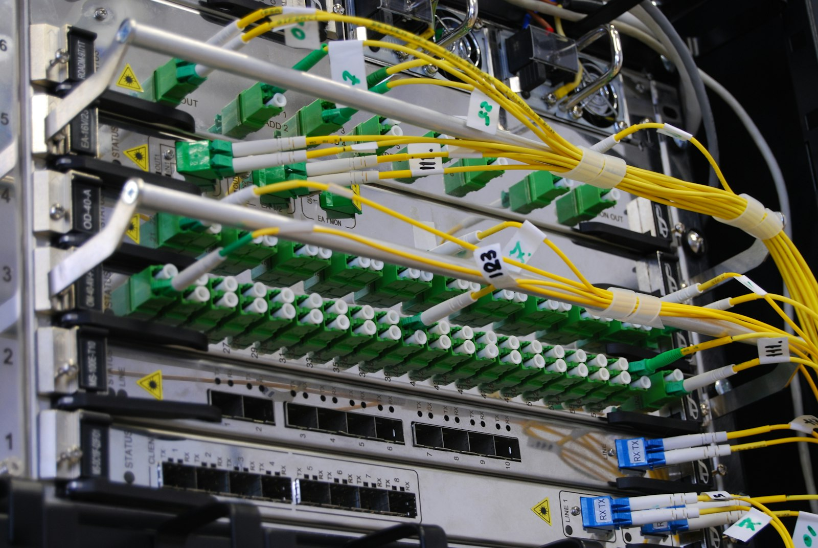 Fiber optic cables plugged into a network switch in a server rack